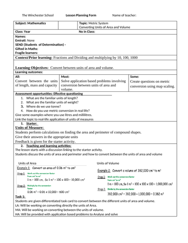 Outstanding lesson plan on Units of Area and volume