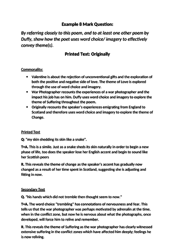 Scottish Text Section: Example 8 Mark question  + answer based on Duffy's Originally