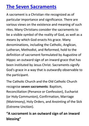 The Seven Catholic Sacraments Handout