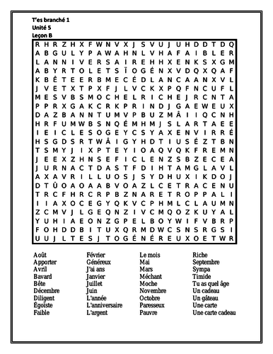 T'es branché 1 Unité 5 Leçon B Wordsearch