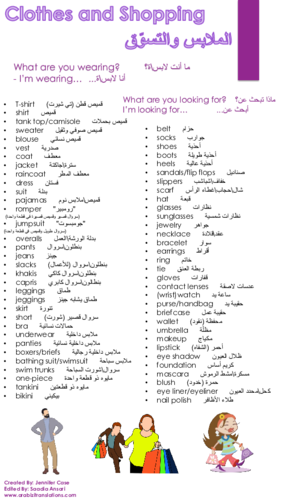 Clothes and Shopping (الملابس والتسوق) Reference Sheet
