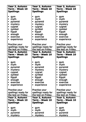 Year 3, No Nonsense Spelling List - Autumn, Week 10