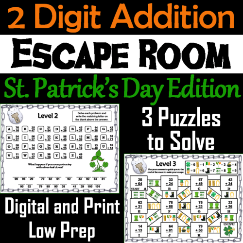 Two Digit Addition With & Without Regrouping St. Patrick's Day Escape Room Math