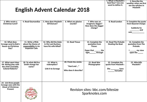 GCSE English Literature English Advent Calendar Teaching Resources
