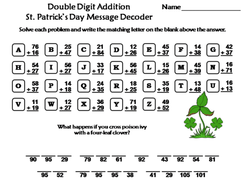 Double Digit Addition With Regrouping St. Patrick's Day Math Message Decoder