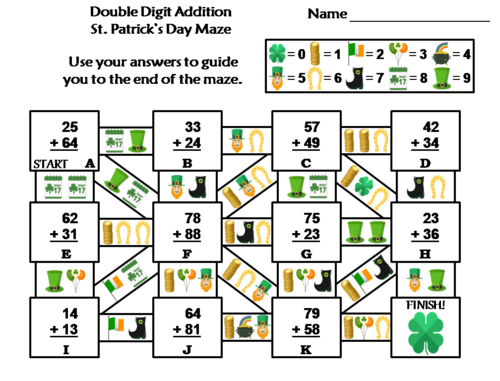 Double Digit Addition With and Without Regrouping St. Patrick's Day Math Maze