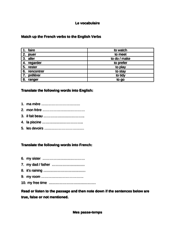 Reading or Listening Activity - The Present Tense (aimer + infinitive) - Mes passe-temps