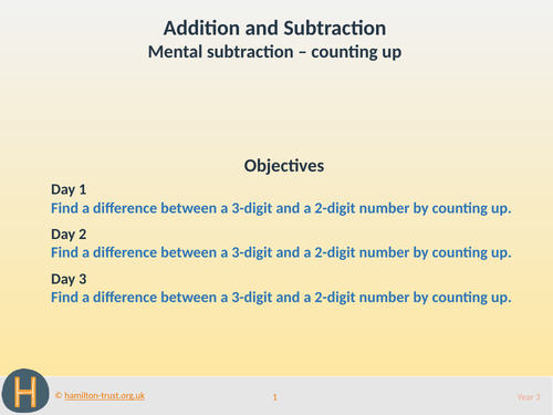 Teaching Presentation: Mental subtraction – counting up ( Year 3 Addition and Subtraction )