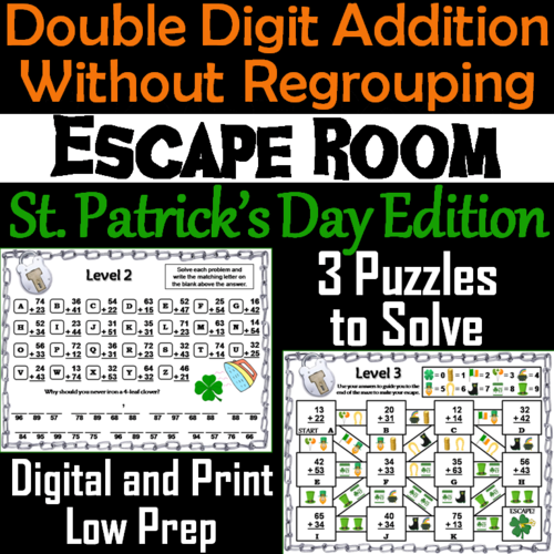 Double Digit Addition Without Regrouping Game: St. Patricks Day Escape Room Math