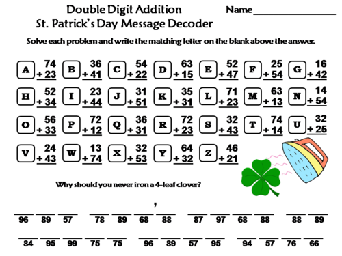 Double Digit Addition Without Regrouping St. Patrick's Day Math Activity