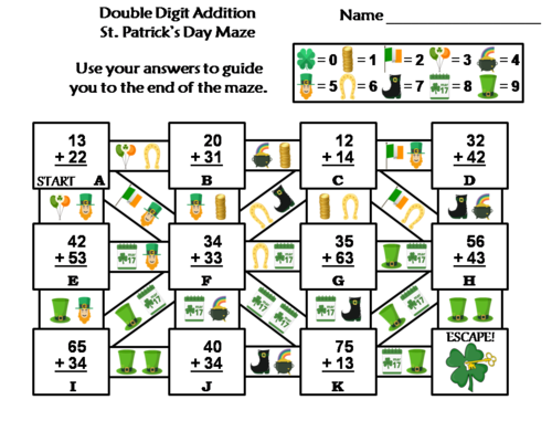 Double Digit Addition Without Regrouping St. Patrick's Day Math Maze