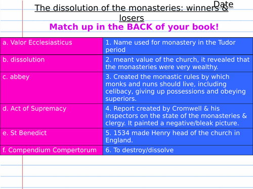 Dissolution of the monasteries: winners and losers Edexcel