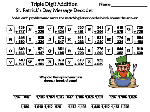 Triple Digit Addition With Regrouping St. Patrick's Day Math: Message Decoder