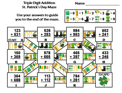 Triple Digit Addition With Regrouping St. Patrick's Day Math Maze