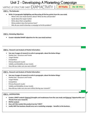 *NEW Btec Level 3* Unit 2 - Activity 1- Developing a Marketing Campaign: Exam Writing Guide