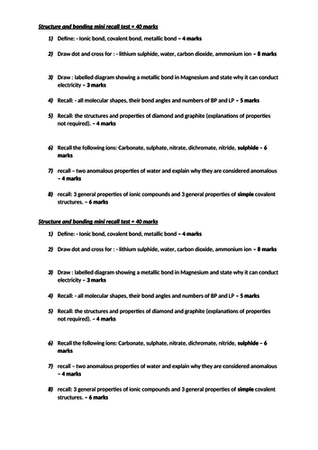 Structure and Bonding - Factual recall test