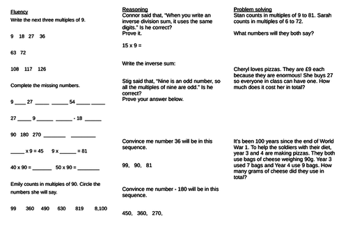 9 times tables fluency, reasoning and problem solving