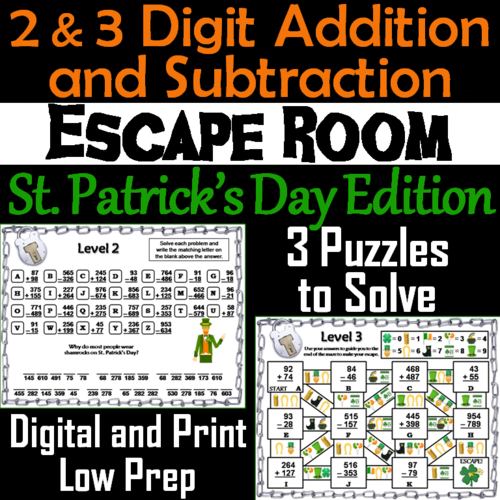 2 and 3 Digit Addition and Subtraction Escape Room St. Patrick's Day Math