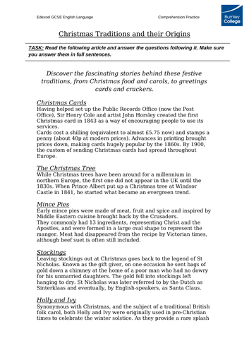 Christmas Traditions - Comprehension Practice
