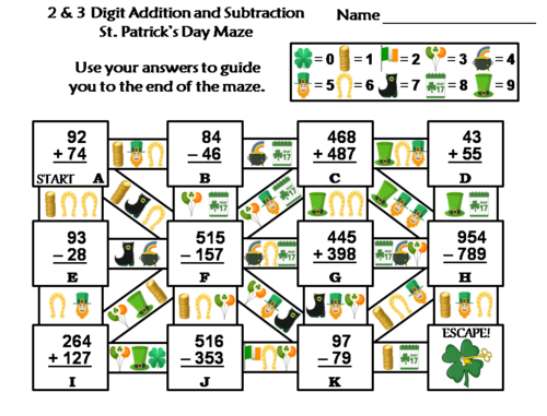 2 and 3 Digit Addition and Subtraction With Regrouping St Patricks Day Math Maze
