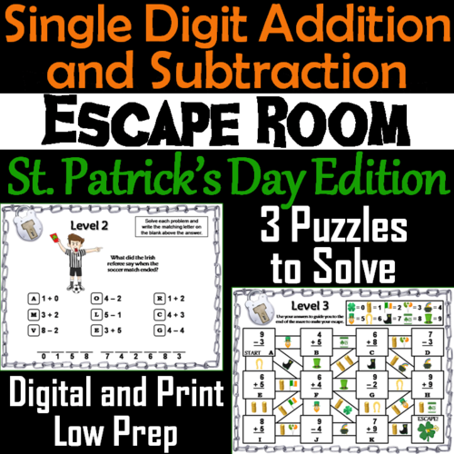 Single Digit Addition and Subtraction Game: St. Patrick's Day Escape Room Math