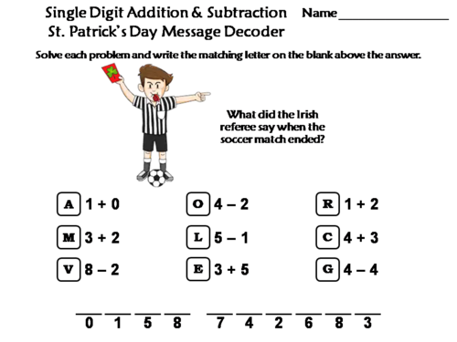 Single Digit Addition and Subtraction St. Patrick's Day Math: Message Decoder