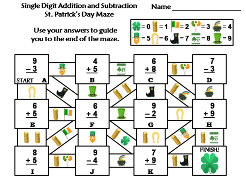 Single Digit Addition and Subtraction St. Patrick's Day Math Maze