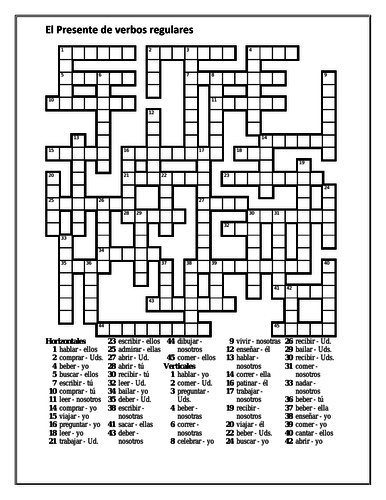 Presente de Verbos Regulares Spanish Verbs Crossword
