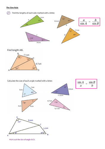 Sine Rule worksheet - missing lengths and angles