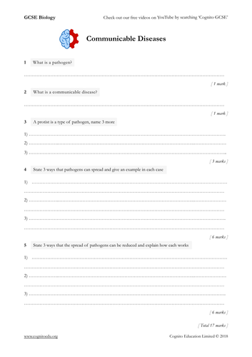 GCSE Biology (9-1) - Communicable/Infectious Disease - Worksheet and Video