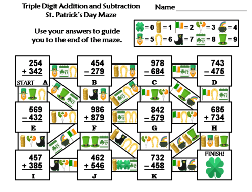 Triple Digit Addition and Subtraction St. Patrick's Day Math Maze