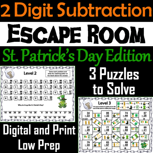 Double Digit Subtraction With and Without Regrouping St Patricks Day Escape Room
