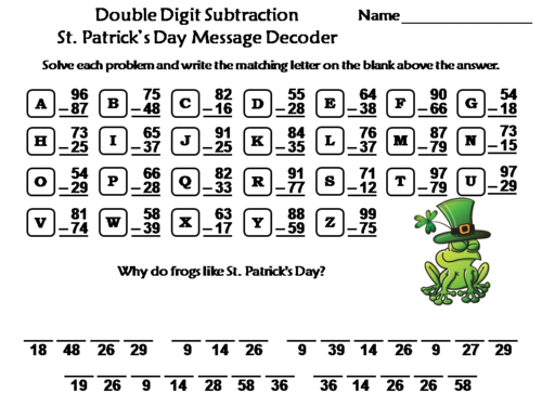 Double Digit Subtraction St. Patrick's Day Math Activity: Message Decoder