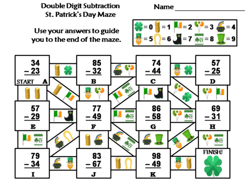 Double Digit Subtraction St. Patrick's Day Math Maze