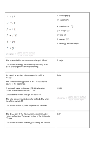 AQA KS4 P2 Matching Q to electricity equation