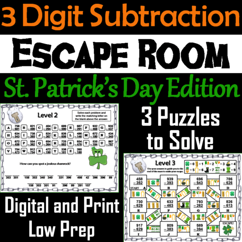 Triple Digit Subtraction With and Without Regrouping St Patricks Day Escape Room