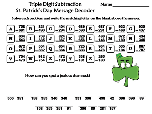 Triple Digit Subtraction St. Patrick's Day Math Activity: Message Decoder