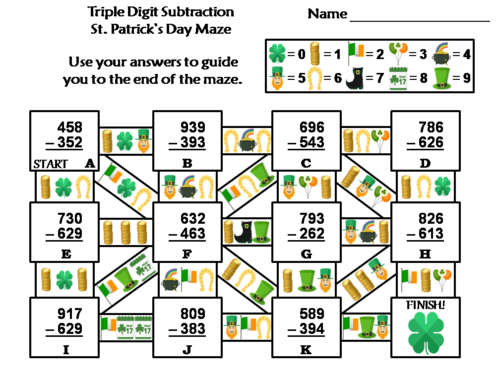 Triple Digit Subtraction St. Patrick's Day Math Maze