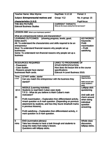 1.5.2 Entrepreneurial motives and characteristics whole lesson powerpoint , lesson plan, activities