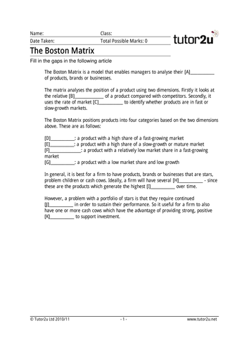 1.3.5 Boston Matrix and product life cycle two whole lessons Alevel business