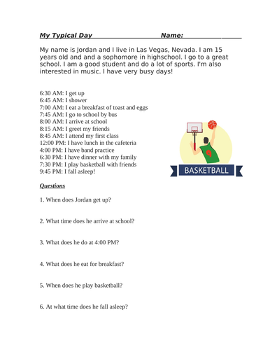 My Typical Day Beginner Reading/Telling Time/Hobbies: ESL / EFL / ELL (SUB PLAN)