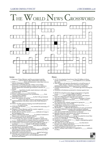 The World News Crossword - December 2nd, 2018