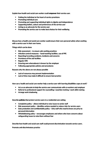 L3 Health and Social - Unit 2 - Generic assessment questions and answers