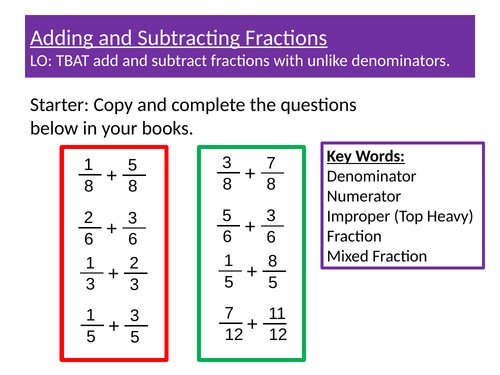 Adding and Subtracting Fractions Differentiated Lesson, Learning Mat, Homework and Solutions