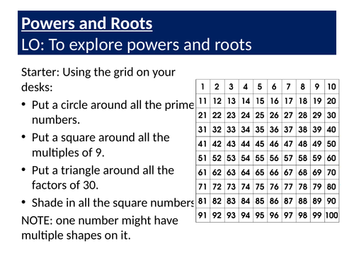 Powers, Roots and Cubes Differentiated Lesson, Worksheet, Homework and Solutions