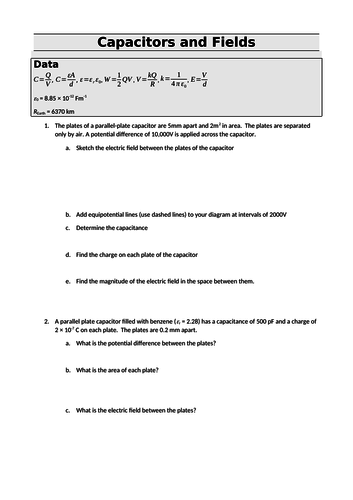 Capacitors and Electric Fields Worksheet (Yr13)