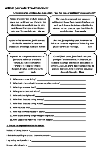 Reading and writing tasks on actions taken to help the environment