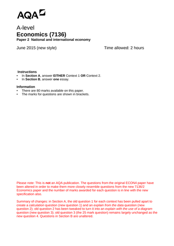 AQA A-level Economics (new spec) Additional Unit 2 Past Paper - June 2015 (re-worked)