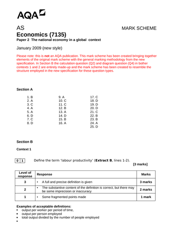 AQA AS Economics (new spec) Additional Unit 1 Past Paper - January 2009