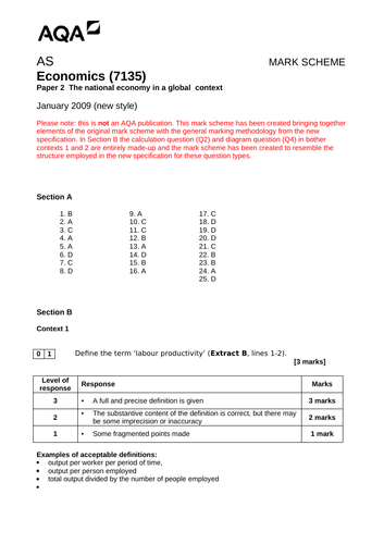 AQA AS Economics (new spec) Additional Unit 1 Past Paper - January 2009 (re-worked)